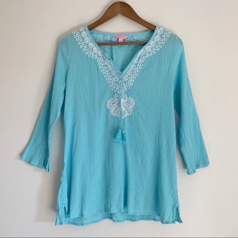 Lilly Pulitzer Delano Blue Embroidered Gauzy Tunic Top Small Coastal Grandma